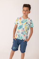 طقم أولاد جرافيتي ملون تيشيرت وشورت قطني صيفي